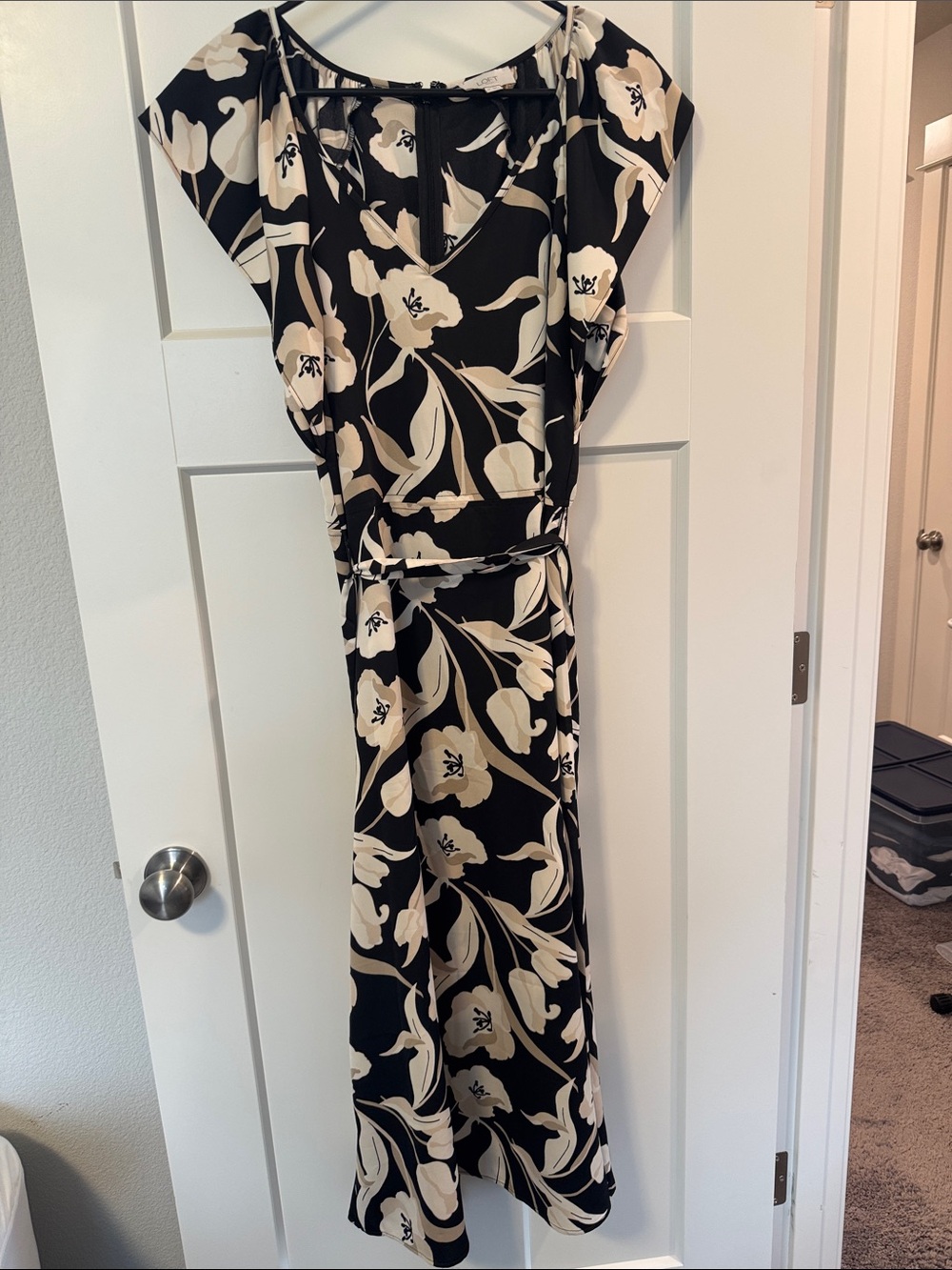 Black and Cream Floral Midi Dress - Elegant Women's Dress